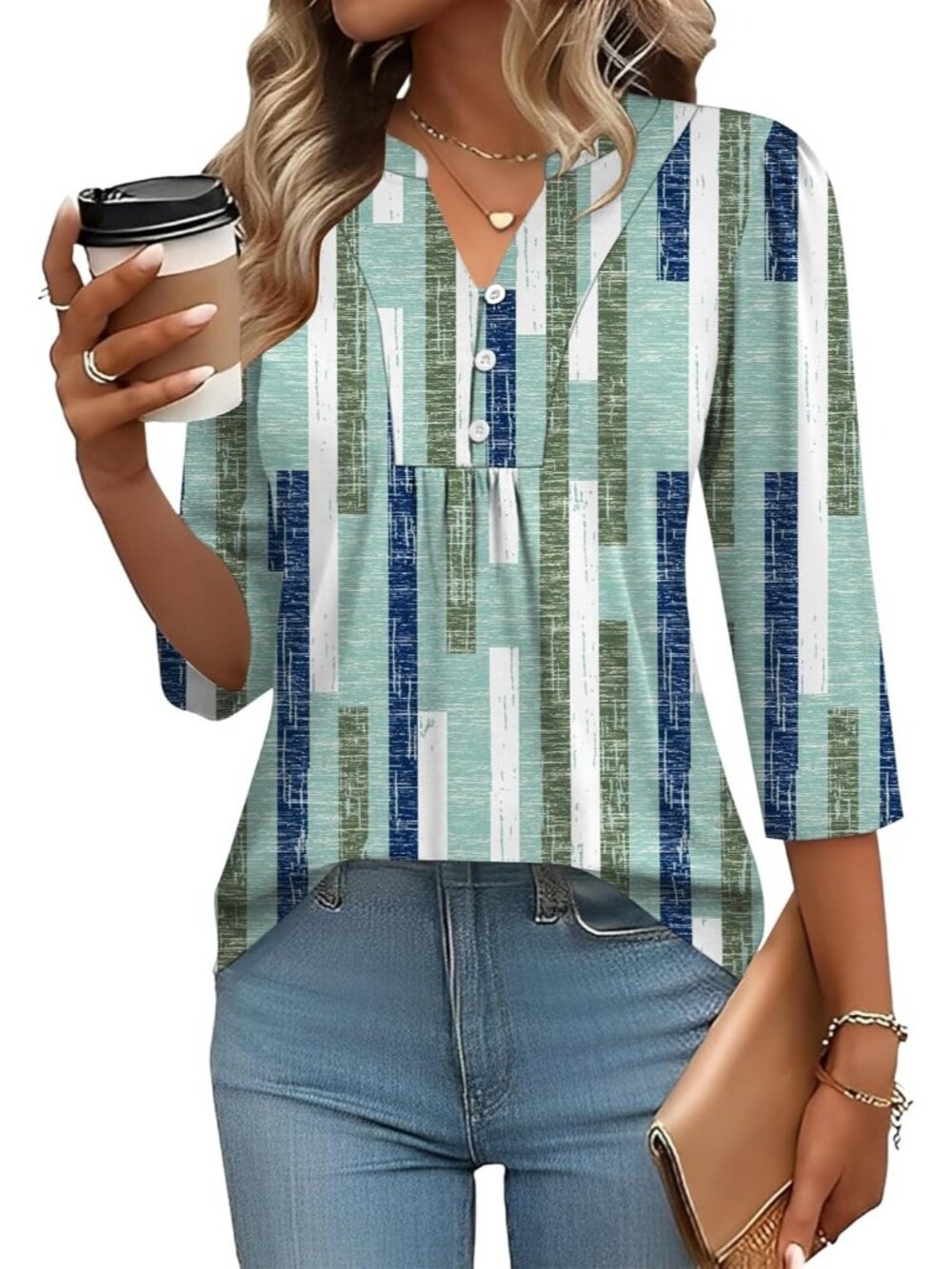 Women's Green Stripe Long Sleeve Casual Henley V-Neck Floral T-Shirts Loose Fit